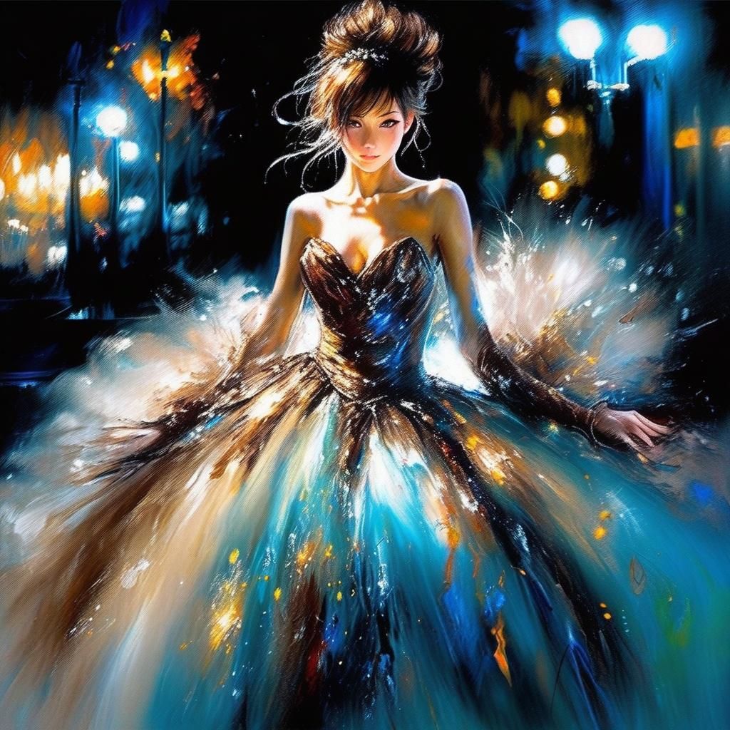 Anime Lady in Glowing Gown, Hyperrealistic Manga
