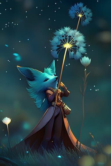 Fox Kit's Dandelion Meadow: Detailed Fantasy Art