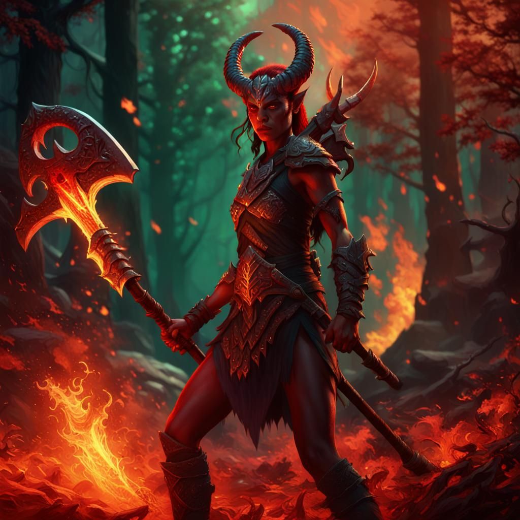 Tiefling Demon Barbarian in a Mystical Forest