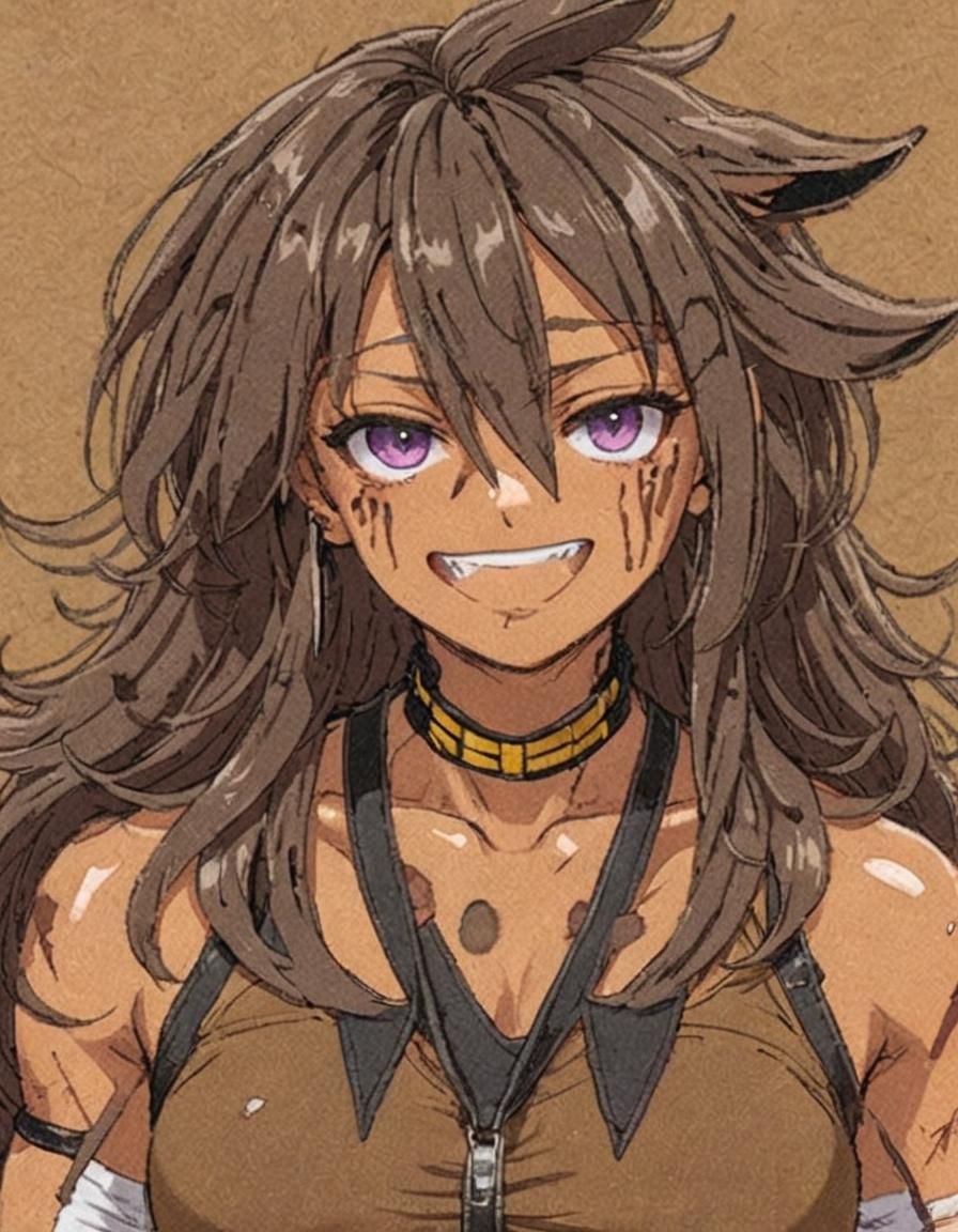 A woman with a dark, brown tan. She has long,messy, brown ha...