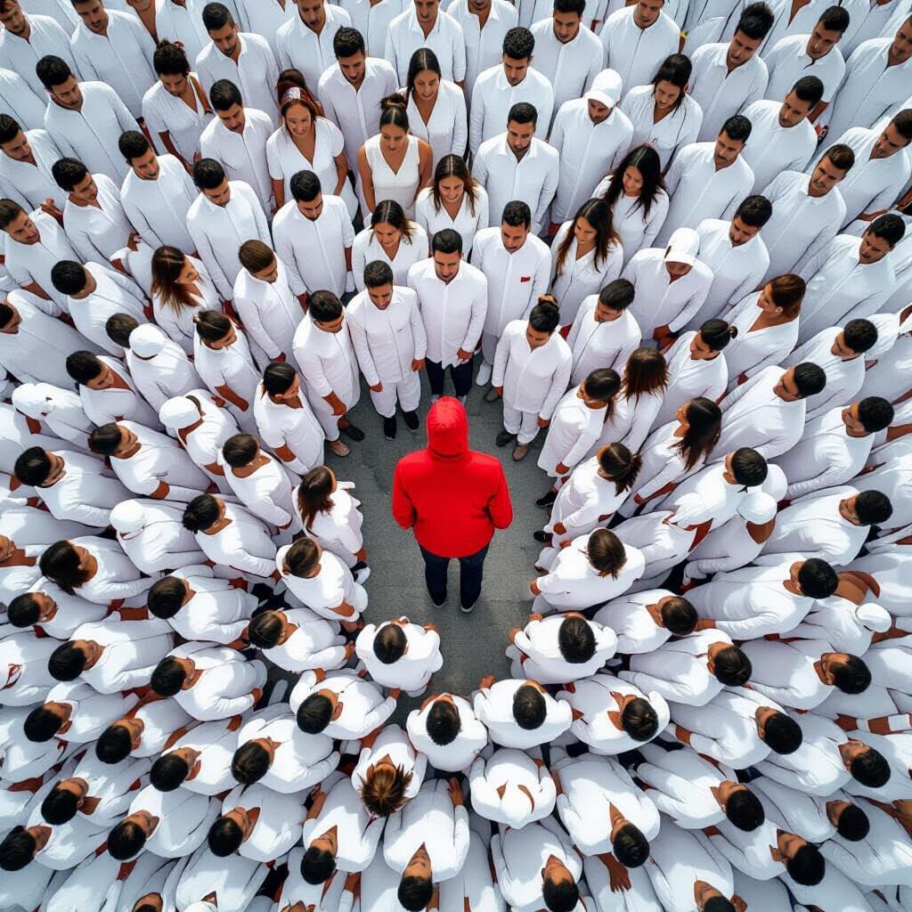 Aerial View: Red Coat Figure Amidst White-Clad Crowd