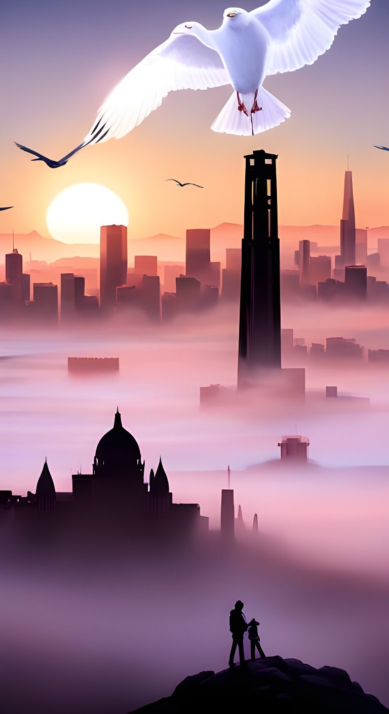Seagull Over Foggy San Francisco Skyline Art