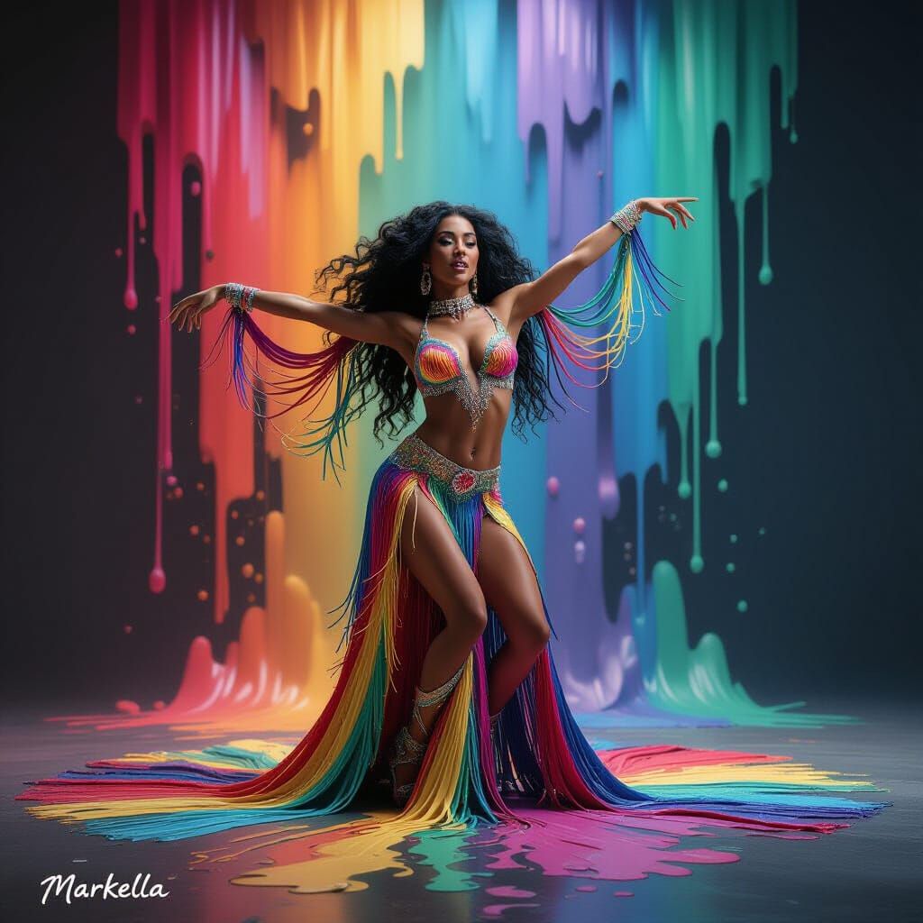 Energetic dancer in long colorful fringe costume, fringe tra...