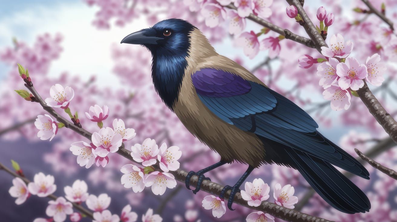 Leroy Neiman Style Crow on Cherry Blossoms with Ethereal Lig...