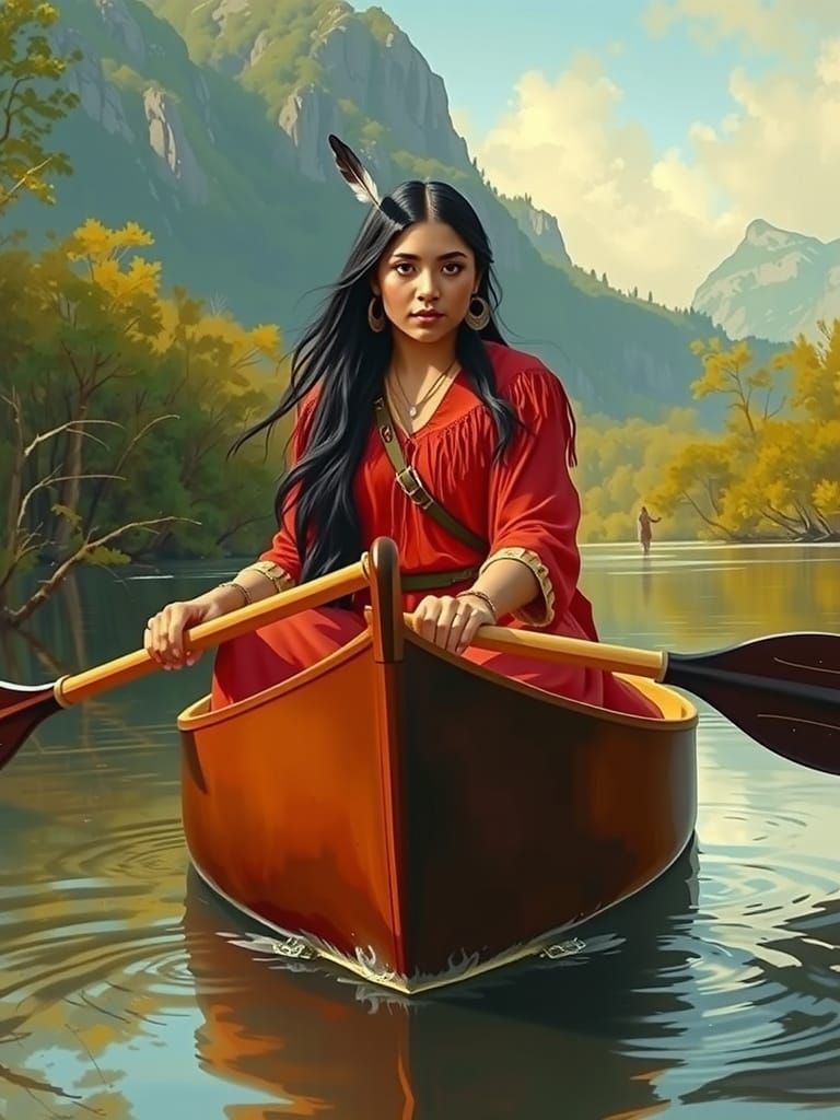 Native American Woman Paddling Canoe in Earth Tones