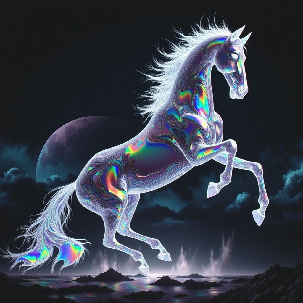 Hyperrealistic Iridescent Crystal Rearing Horse in Cinematic...