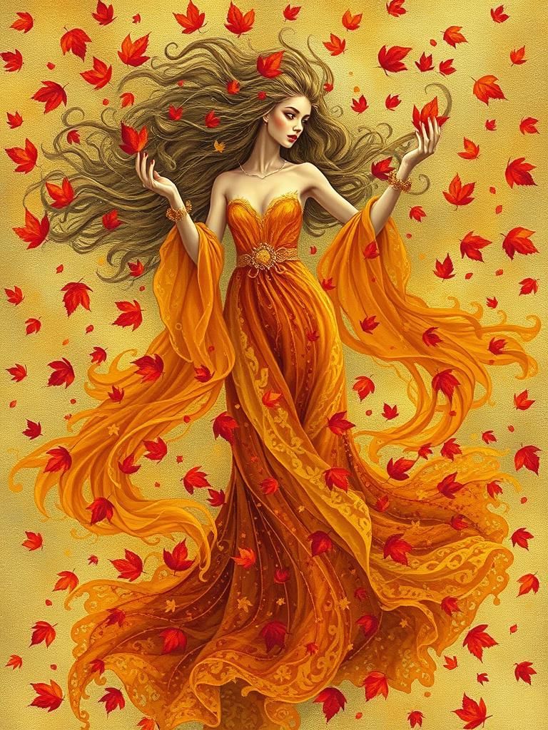 Autumn Goddess Dances in Golden Impressionistic Forest