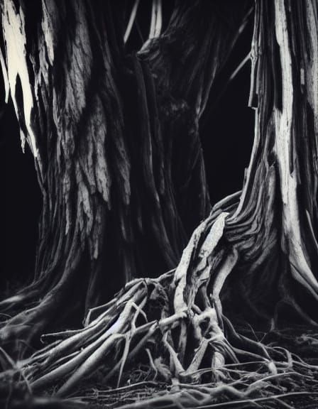 Monochromatic Photography of an Ancient, Weathered Tree in a...
