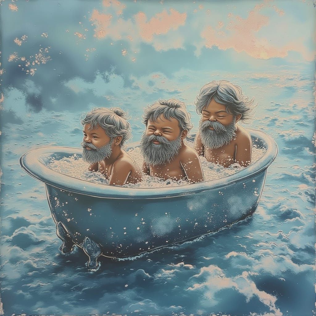 Monks in Bathtub Boat on Choppy Sea