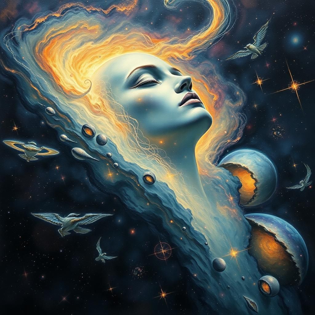 Mystical Figure in Space, Beksiński-Style Watercolor