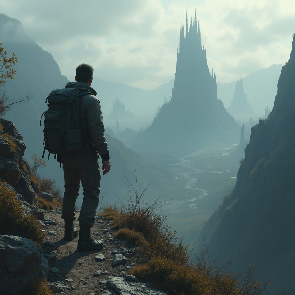 Man Contemplates Ruins of a Post-Apocalyptic City from Mount...