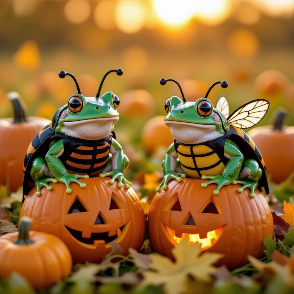 Cute Frogs in Halloween Costumes on Pumpkins