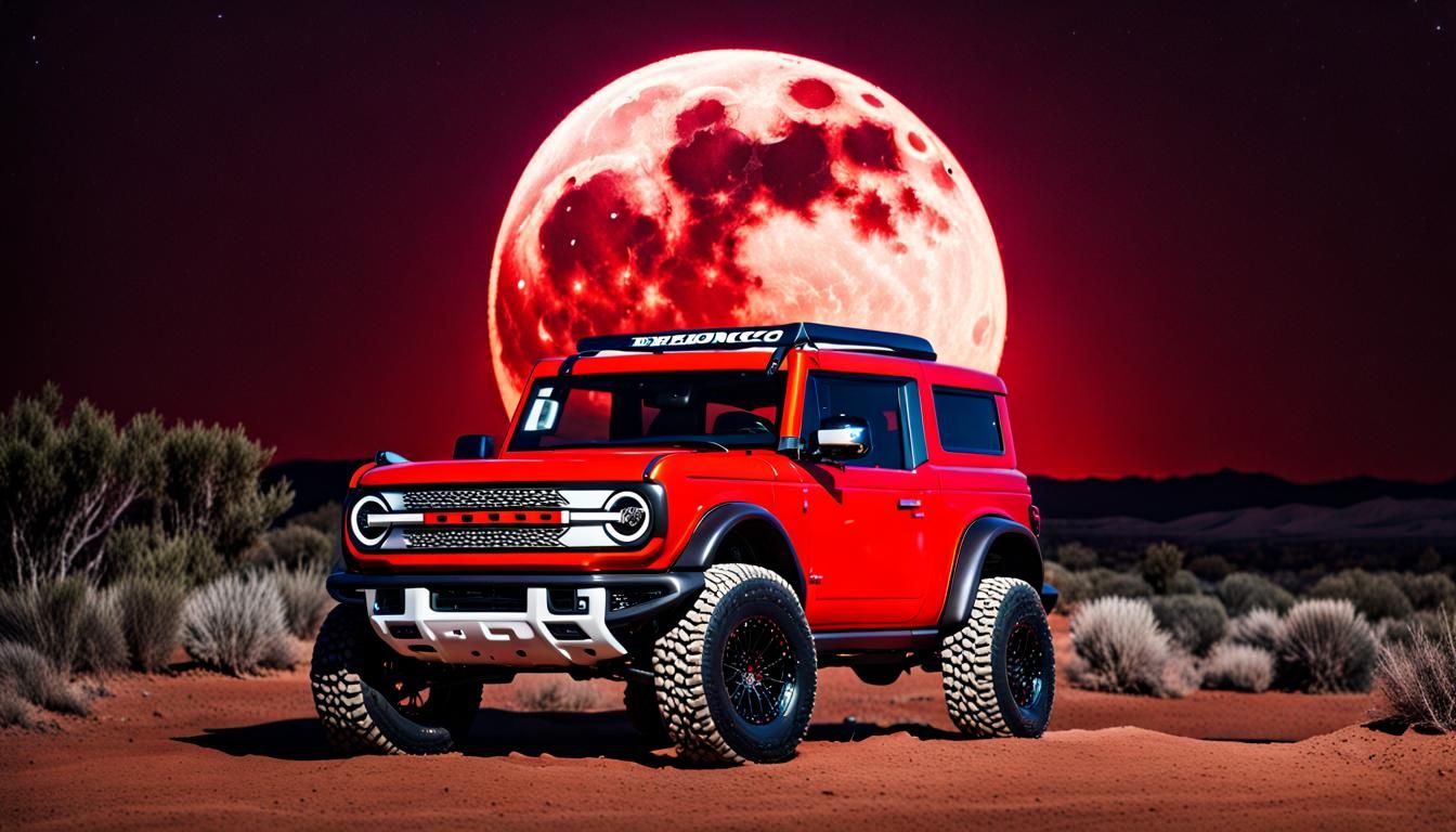 Red 2023 Ford Bronco Under a Full Moon