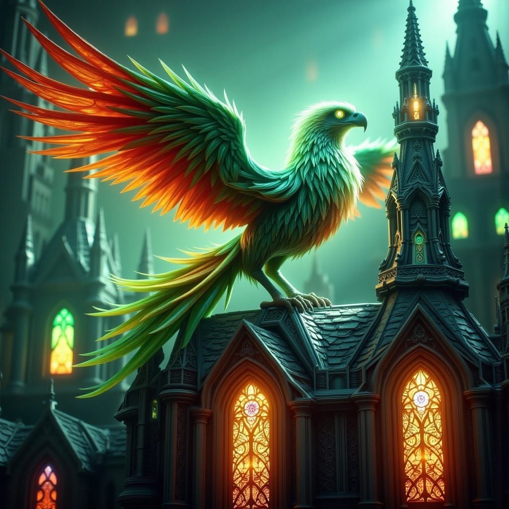 Griffin Perched Atop Gothic Cathedral in Cyberpunk Style
