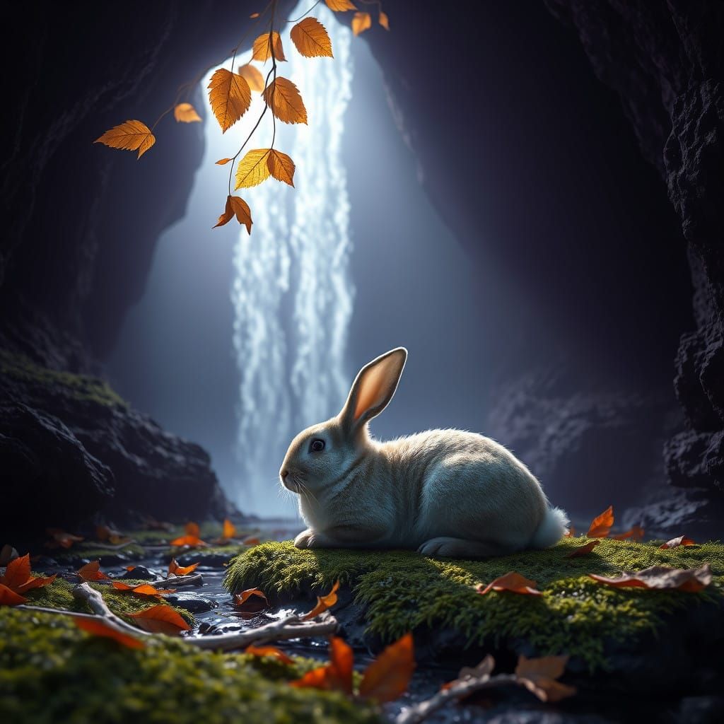 Surreal Dark Cave Scene with a Hyperrealistic Bunny