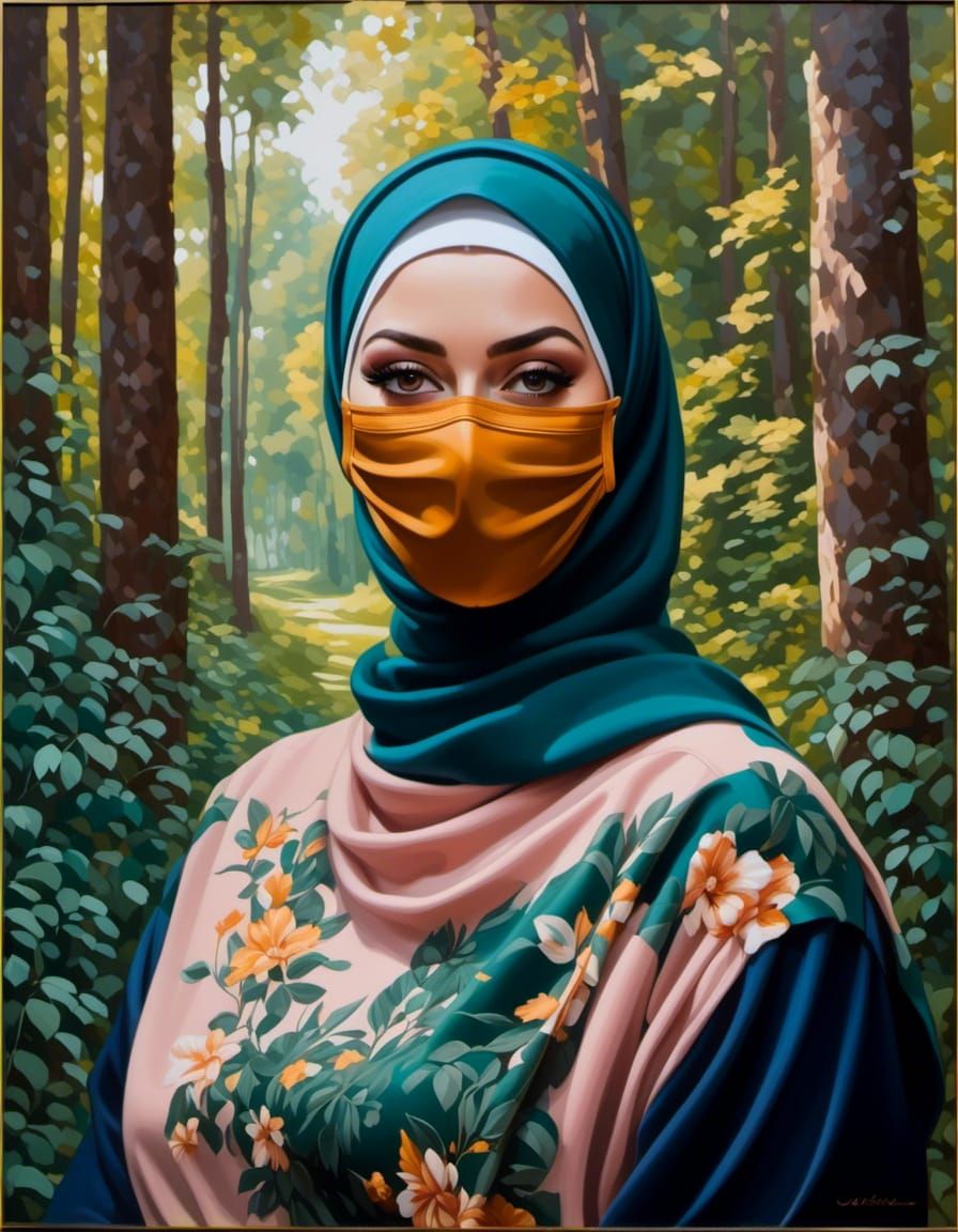 Woman with Hijab and Mask in Lush Forest