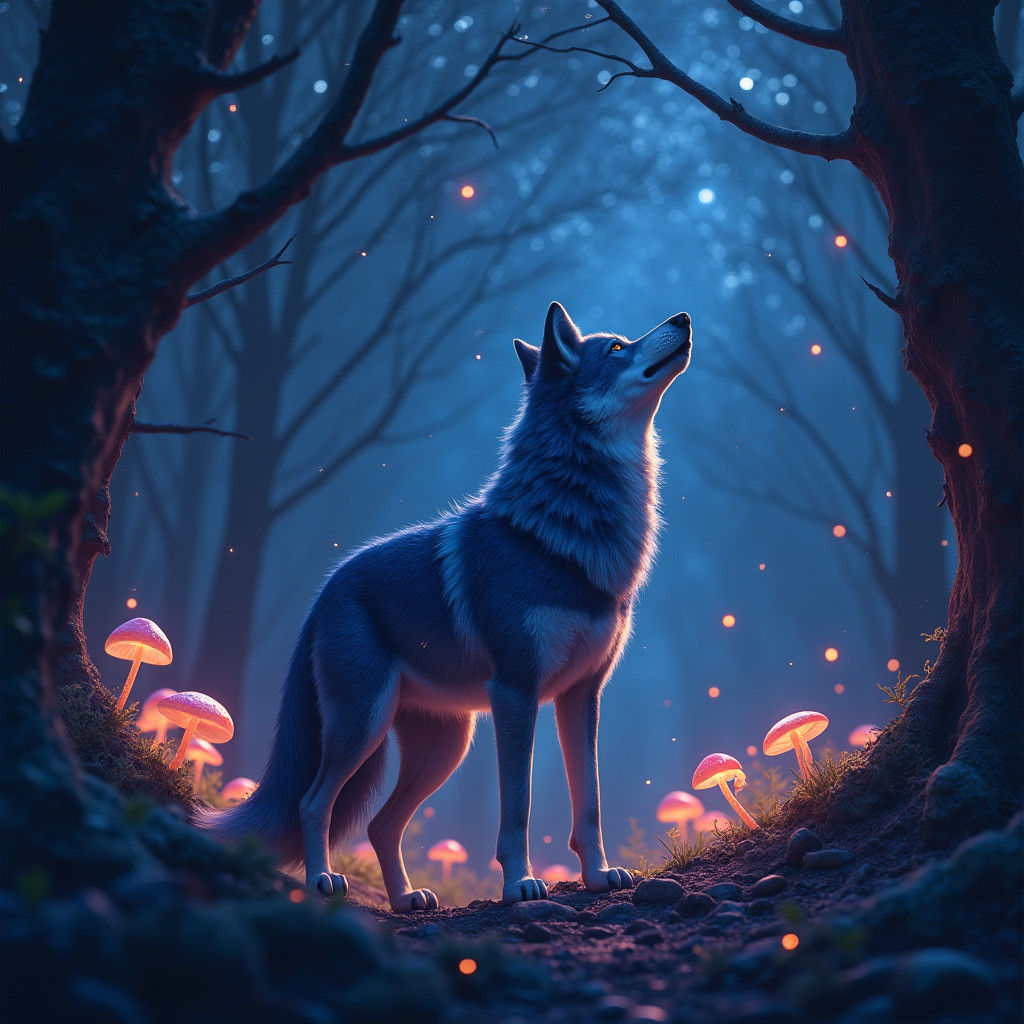 Majestic Lone Wolf Under Starry Night Sky