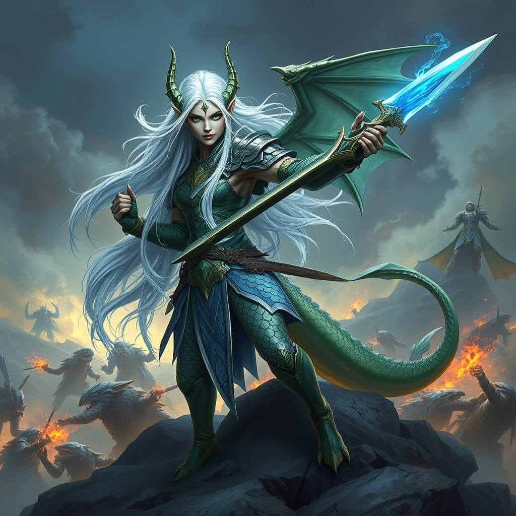 Victorious Dragon-Elf Warrior on Mountain of Foes