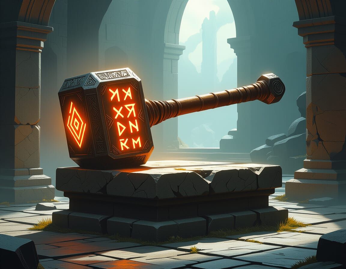 Hammer with Glowing Runes on Stone Pedestal