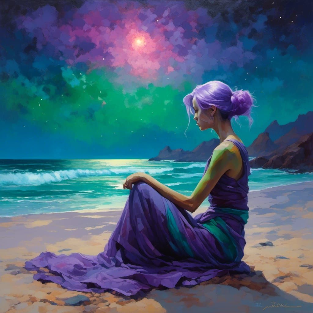 Girl Under Starry Night Beach Scene in Vibrant Colors