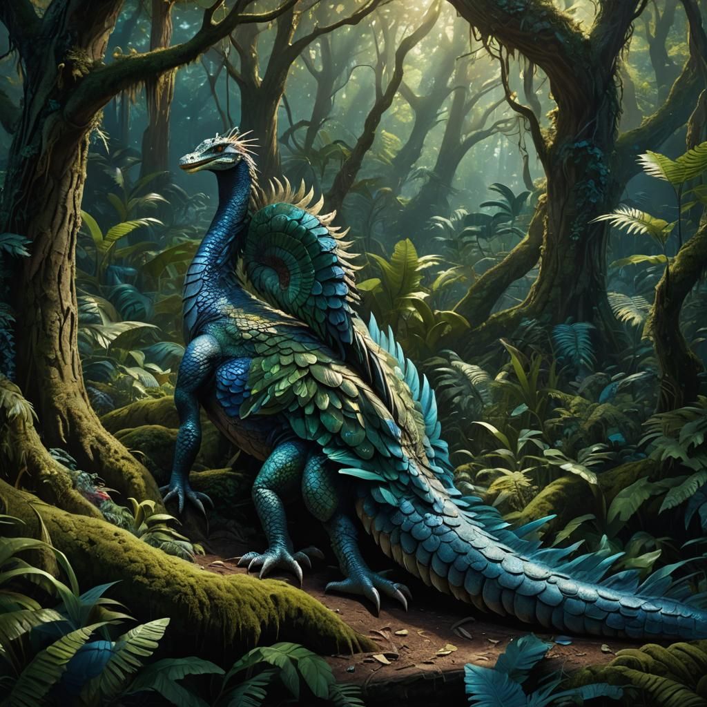 Crocodile Peacock Hybrid Creature in Fantasy Forest
