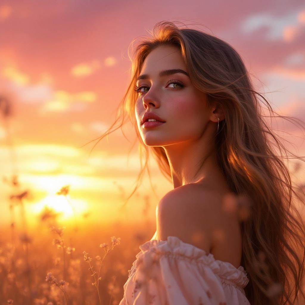 Girl in Meadow at Sunset: Hyperdetailed Portrait