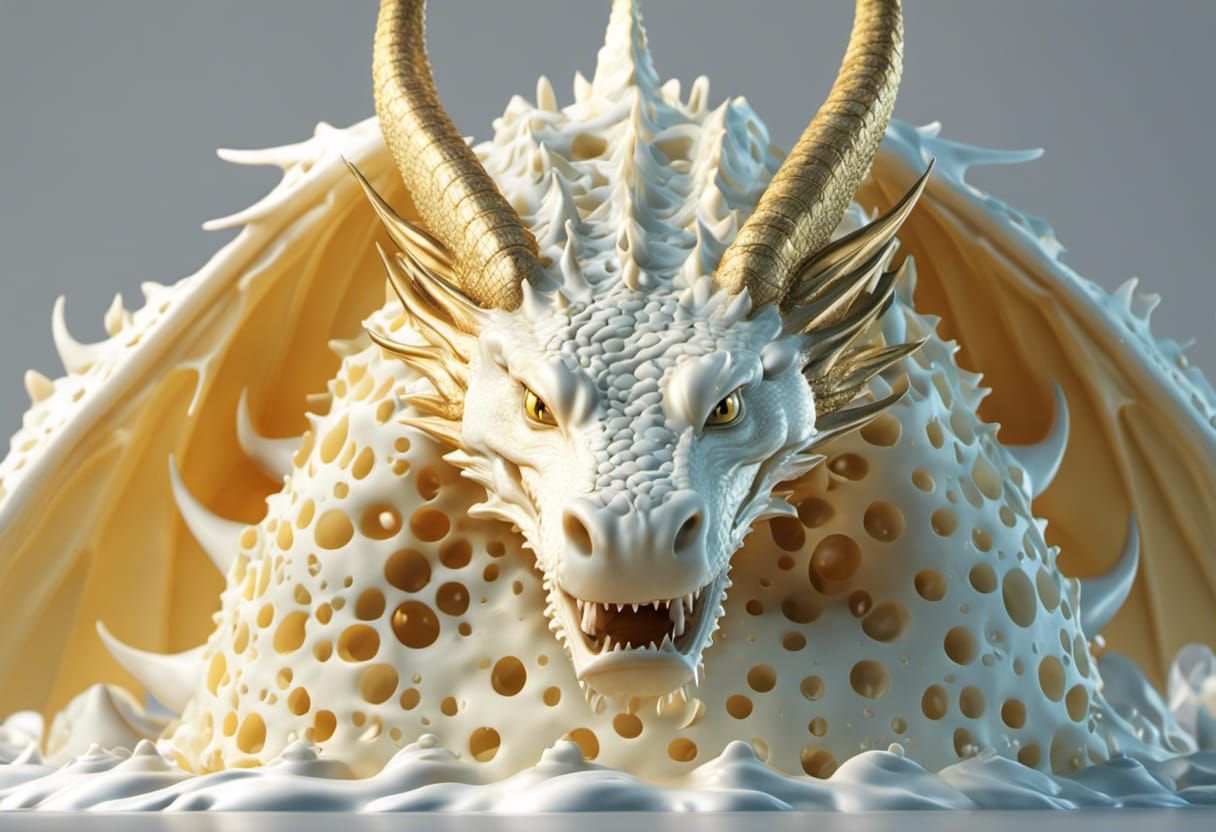 a dragon made of Swiss Cheese bathes in milk