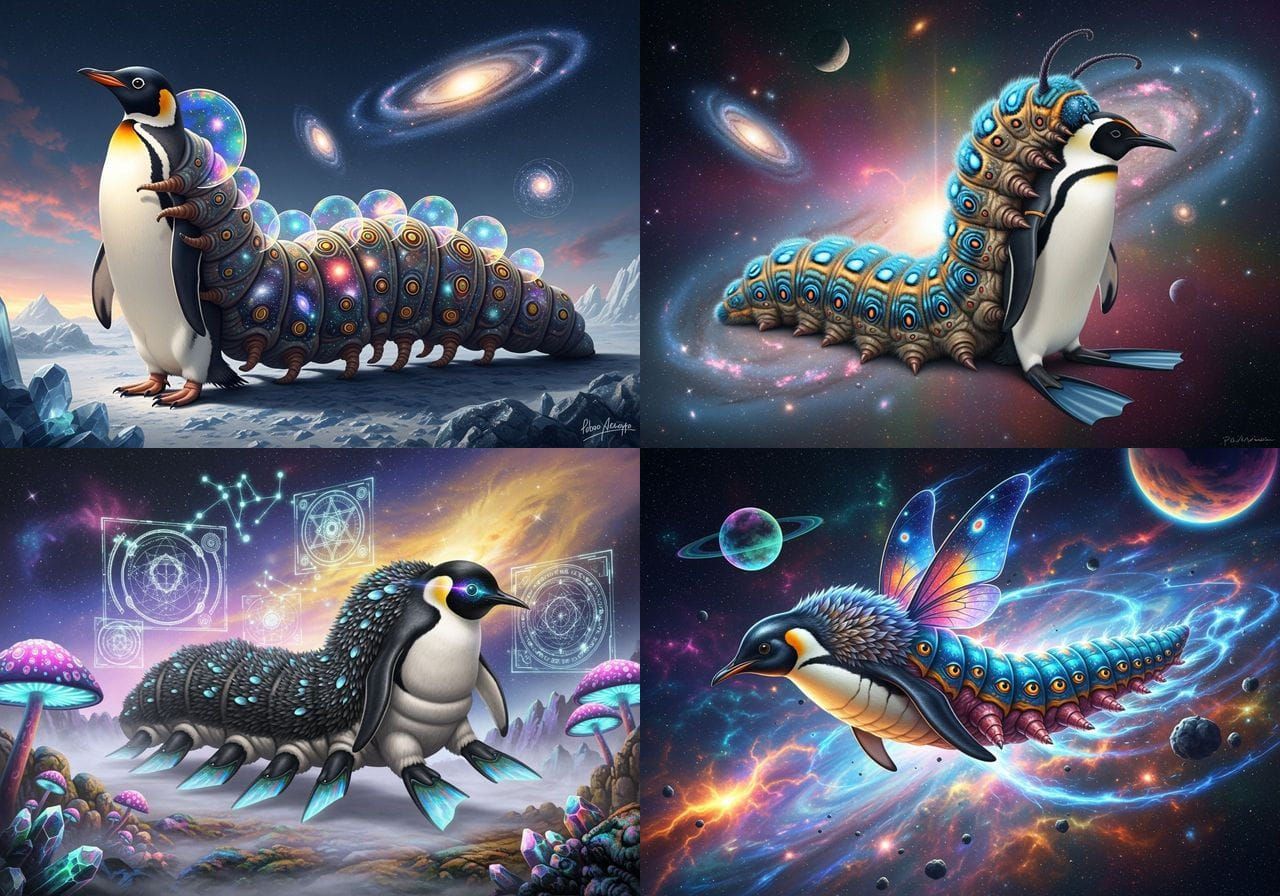 Penguin Caterpillar Hybrid in Maximalist Digital Painting