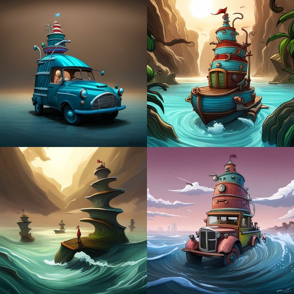 Whimsical Amphibious Vehicle in Dr. Seuss Style