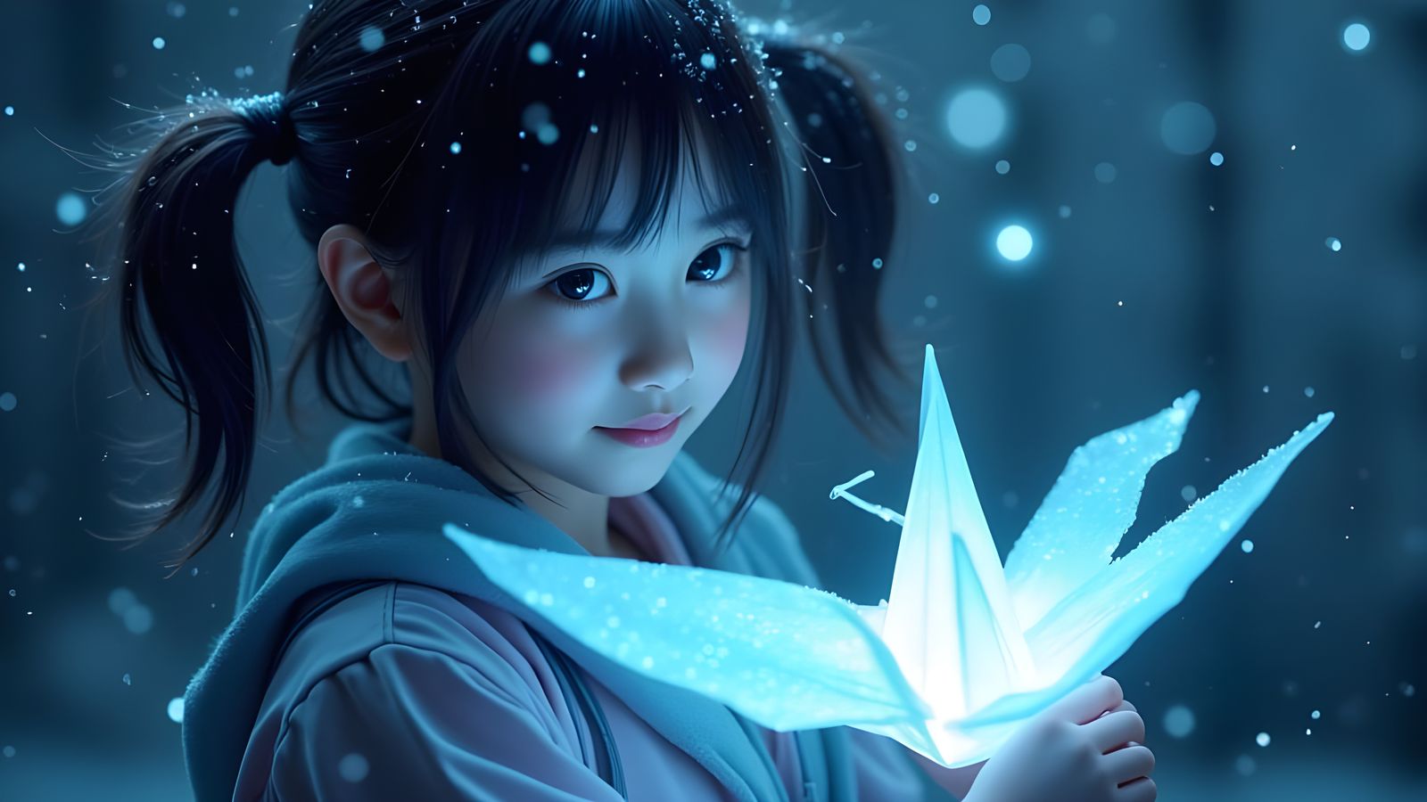 Young Girl Holds Glowing Cyan Crane in Snowfall