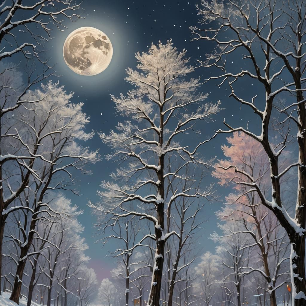 Hyperrealistic Winter Moon Over Snowy Trees