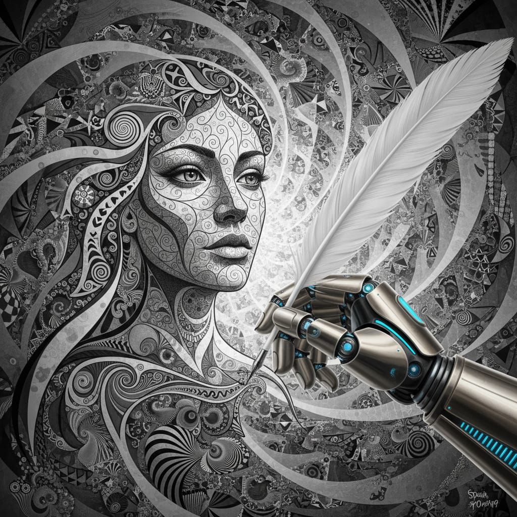 Robot Hand Draws Woman in Abstract Style