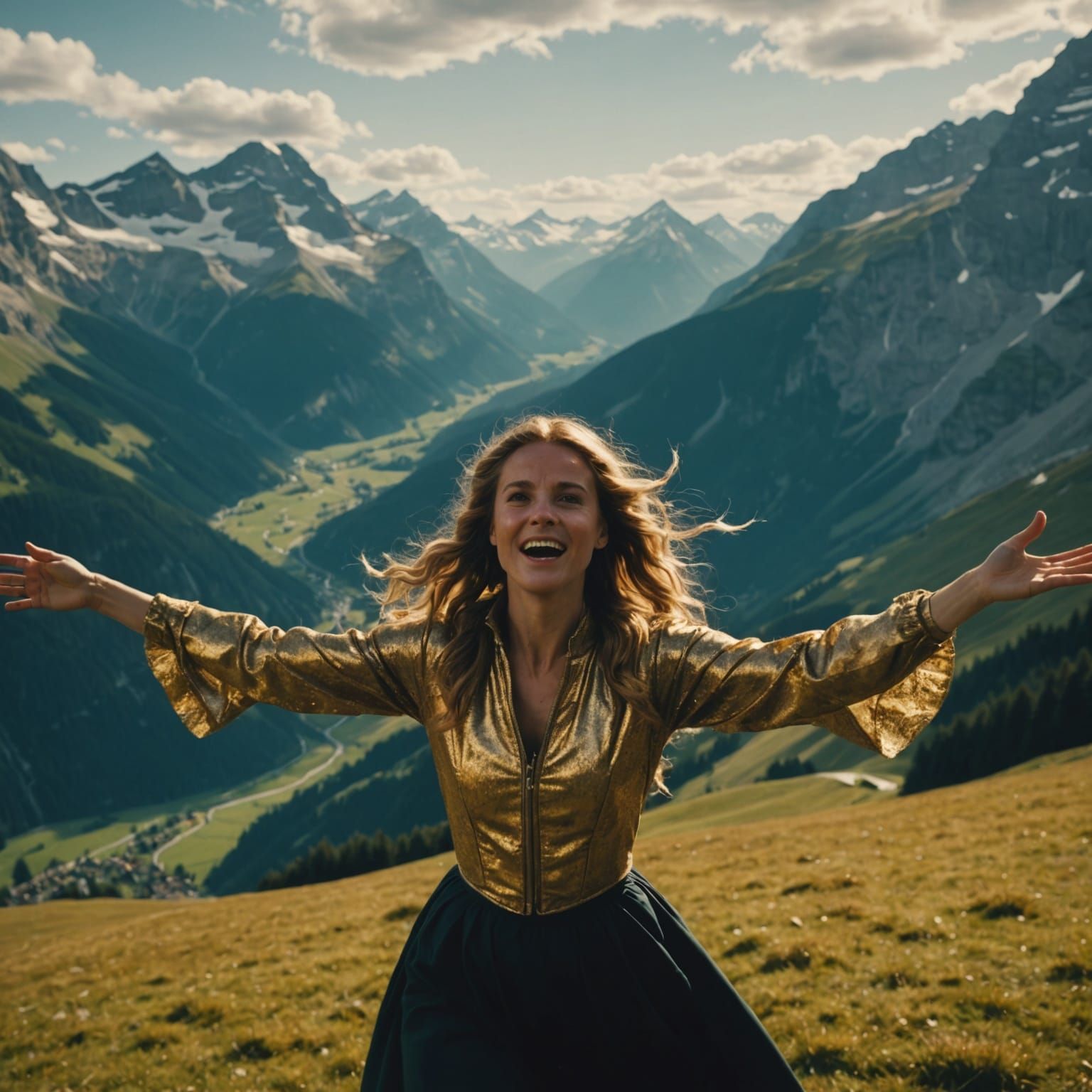 Woman Dancing in Swiss Alps Cinematic Film Still