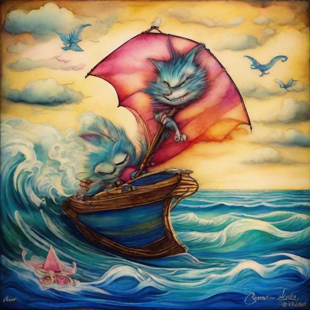 Cheshire Cat Windsurfing in Madagascar, Alcohol Ink Style