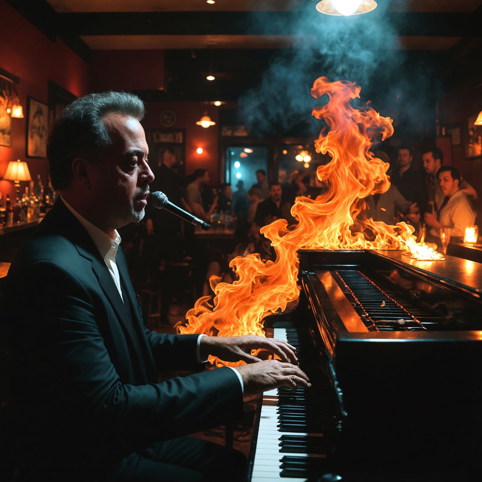 Billy Joel Performs in Smoky Bar, Art Nouveau Style