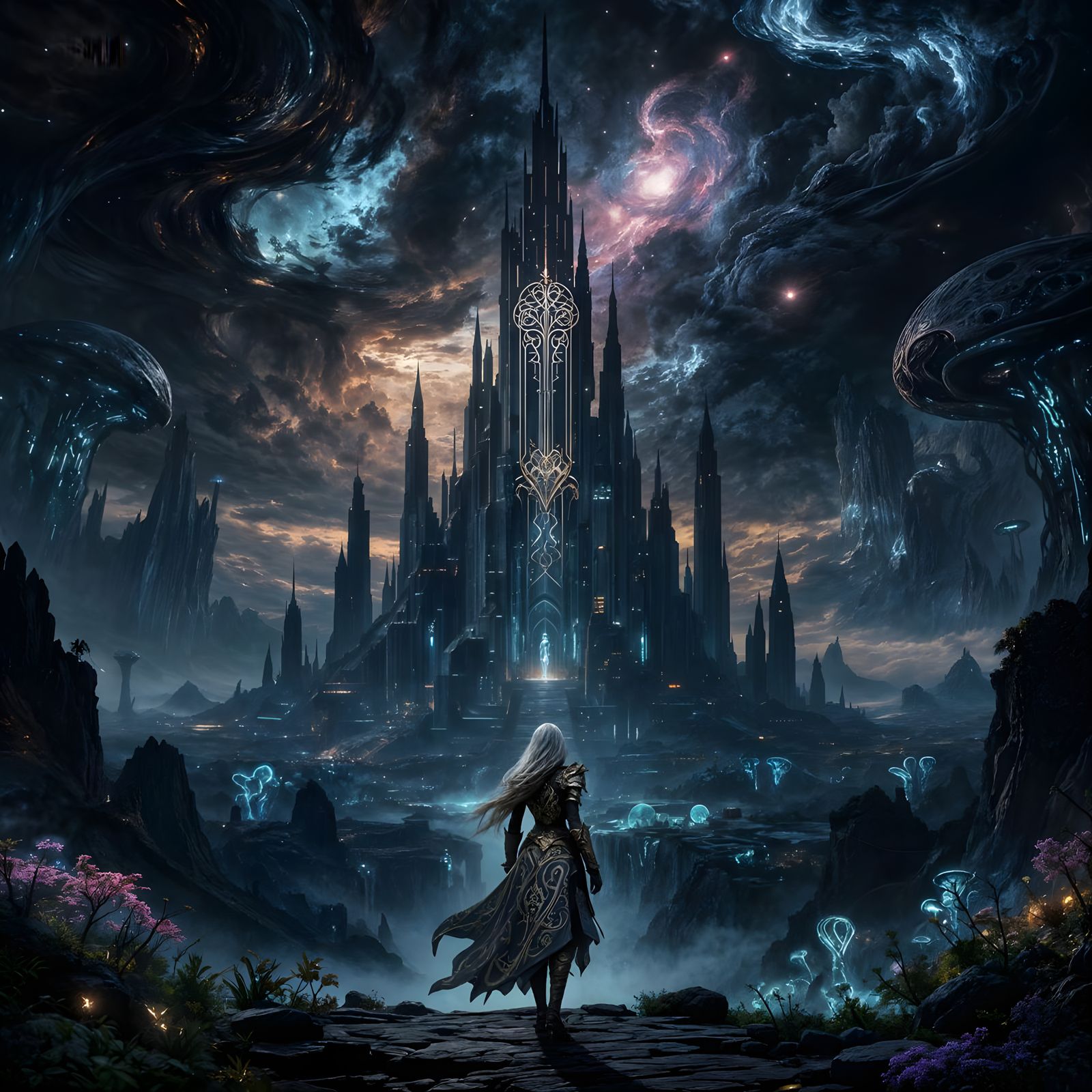 Art Nouveau Adventuress at Futuristic Citadel