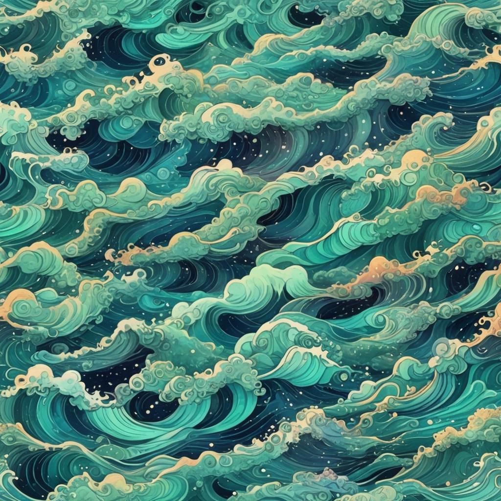 Mint Ocean Waves: Holographic Astral Cosmic Illustration