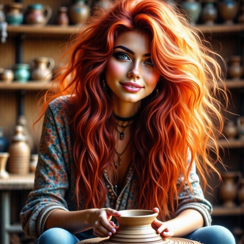 Vibrant Red-haired Pottery Artist in Joyful Focus