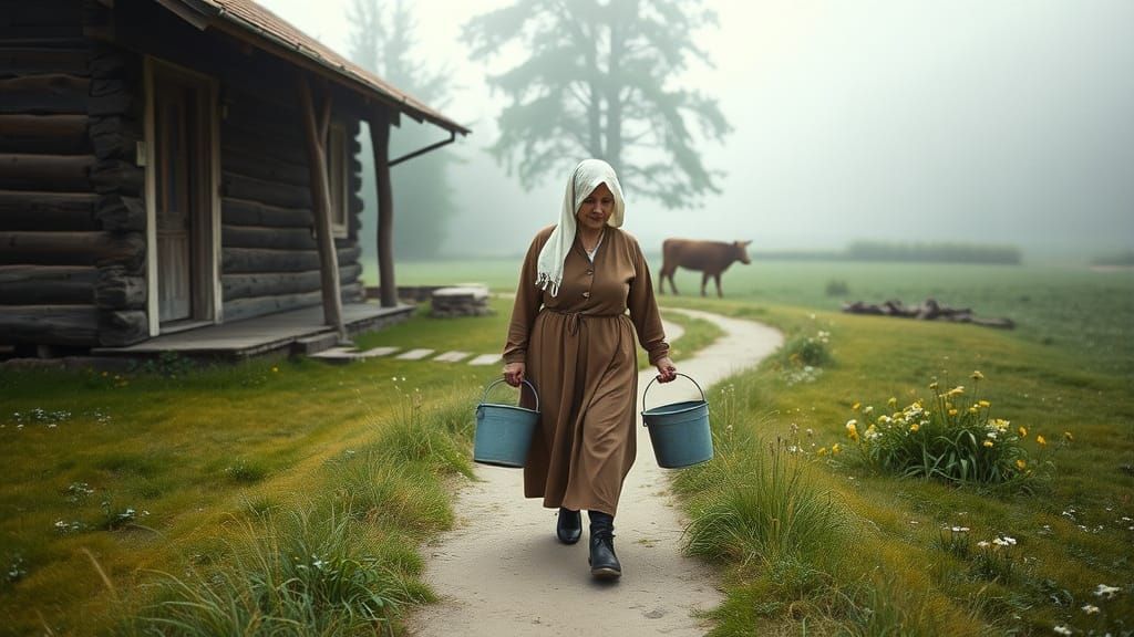Nostalgic Russian Countryside Scene with Woman and Buckets