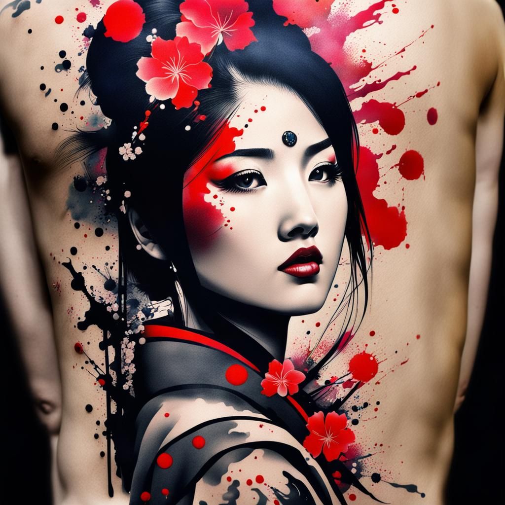 Ink Splatter Japanese Tattoo of Asian Woman