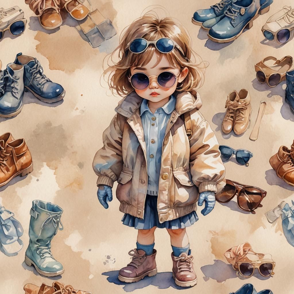 Chibi Girl in Oversized Accessories: Watercolor Art