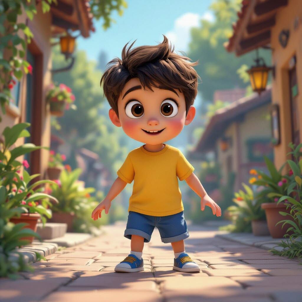 Boy Exploring Vibrant World in Pixar Style