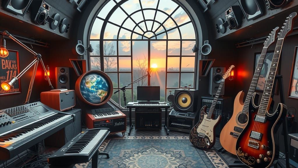 Epic Futuristic Music Studio in Cyberpunk Aesthetic with Int...