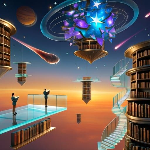 Vast Cosmic Library in Stratosphere, Star Fragments Glow