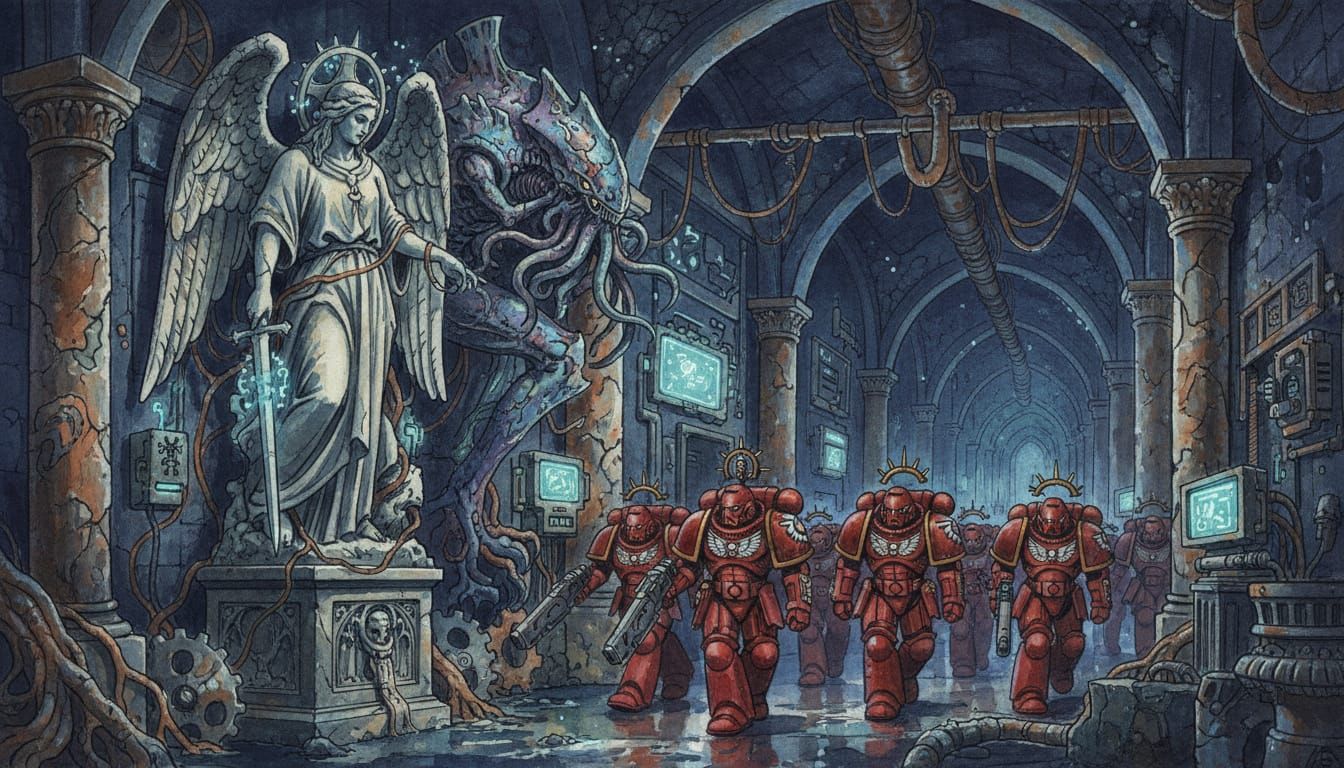 Tyranid Lictor Lurking in Gothic Cyberpunk Tunnel