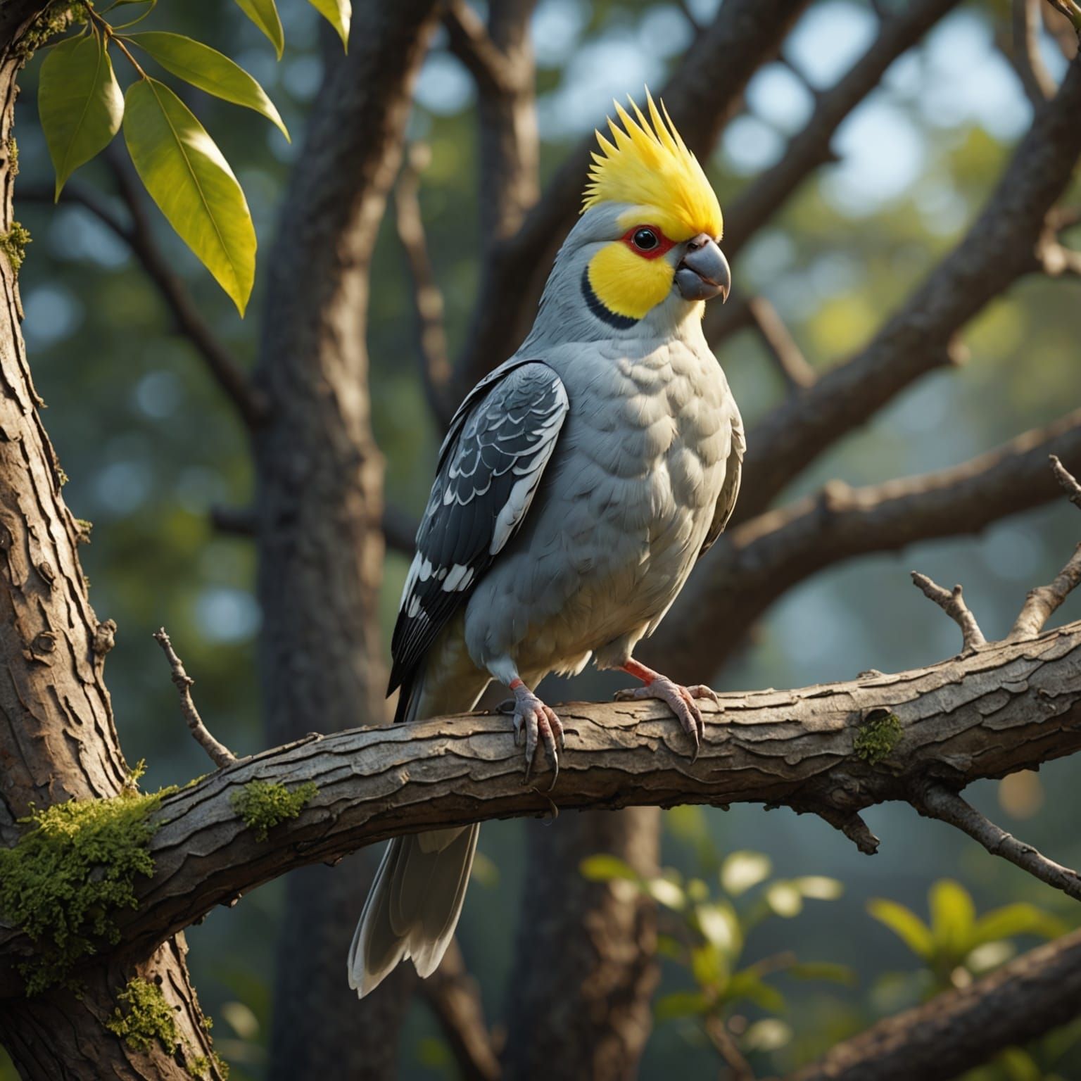 Realistic Cockatiel Bird on Tree, 8k Digital Art
