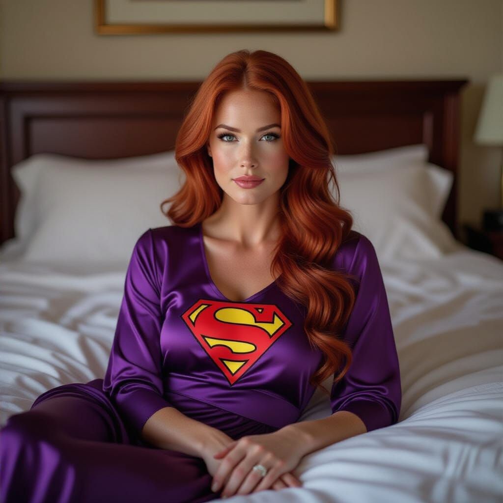 Red Haired Woman in Purple Nightgown on Bed