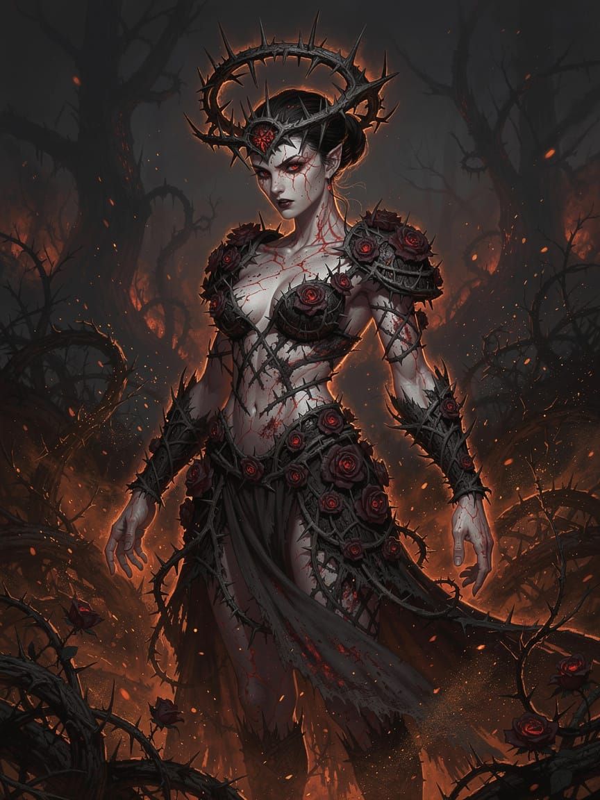 Briar Sorceress Crowned in Thorns with Fiery Veins