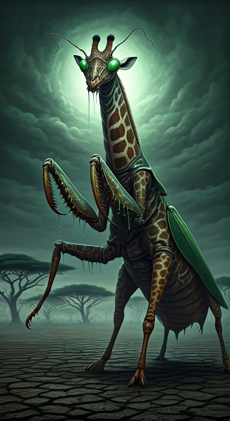 Demonic Mantis-Giraffe Hybrid in Twisted Savannah