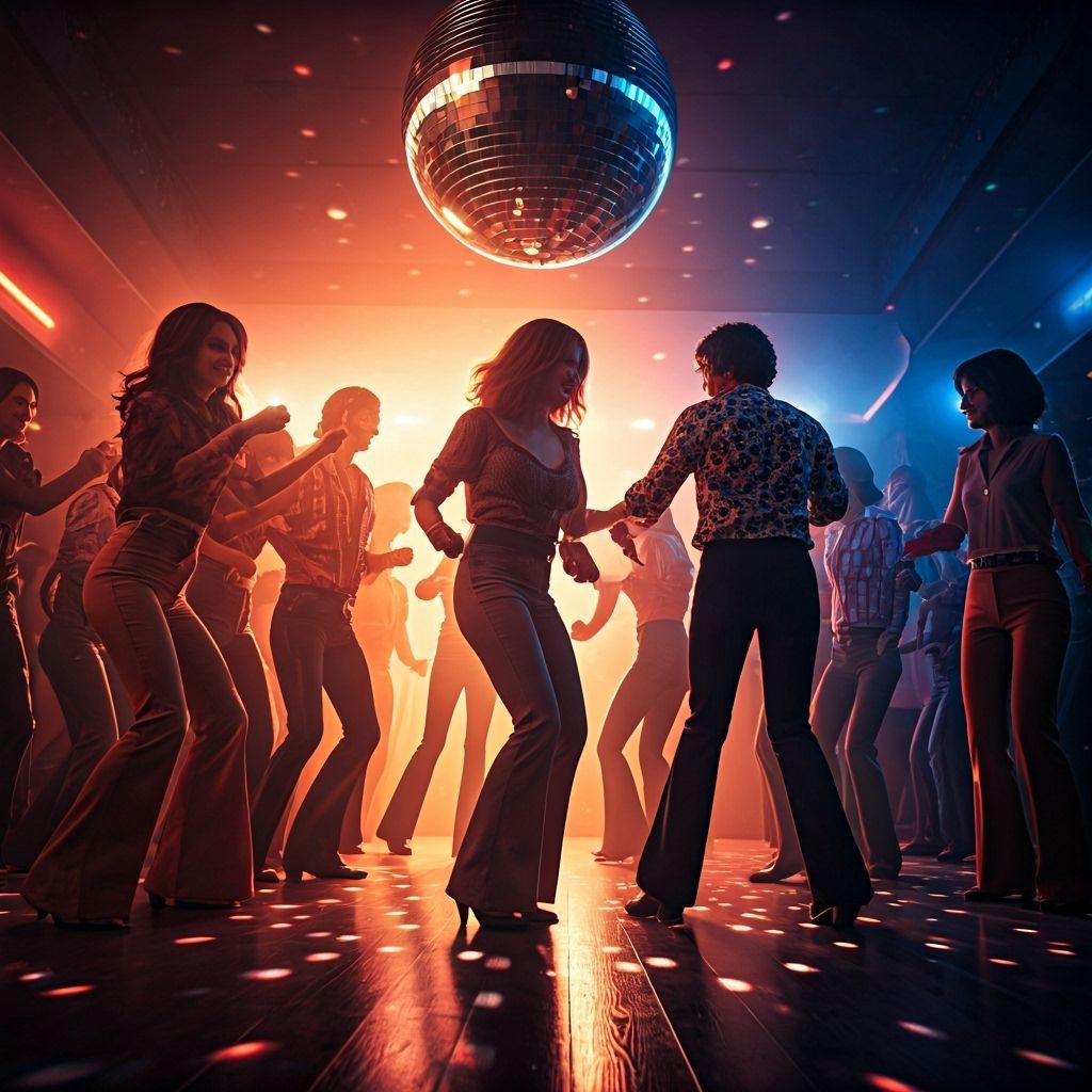 Energetic 70s Disco Dance Party with Neon Lights